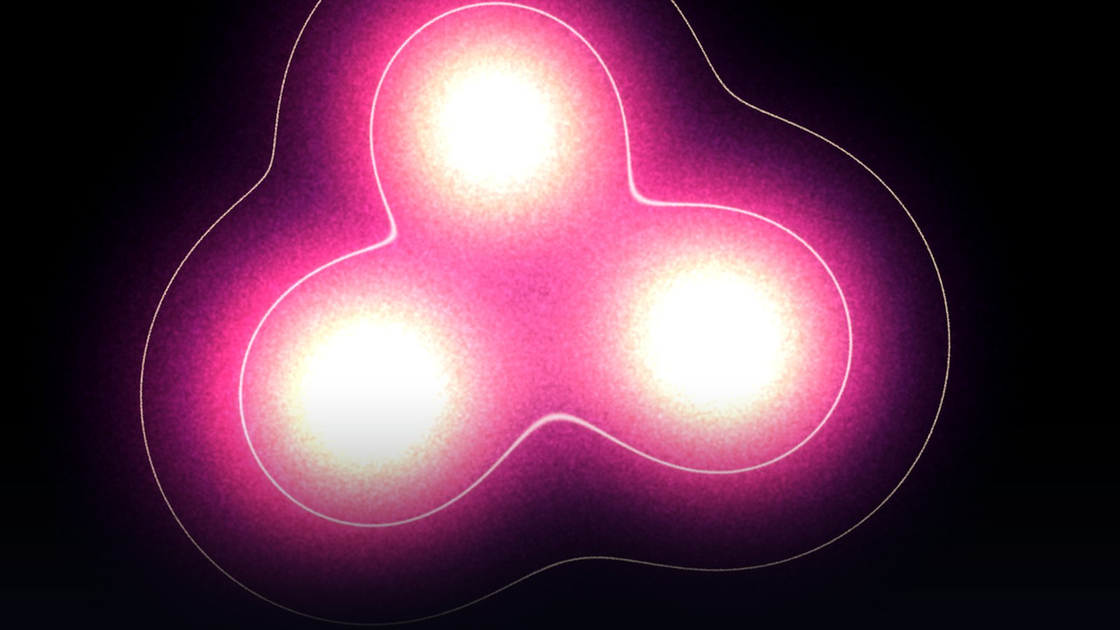 Computed render from the carbon-12 nucleus solution: three bright lobes in a triangular arrangement inside a magenta density cloud.