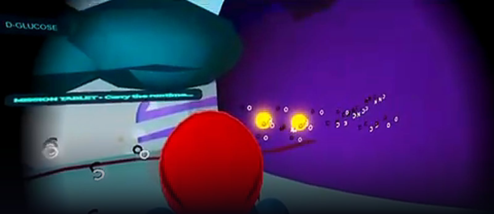 In-game capture: the cell interior with a mission tablet panel on the left reading carry the routine, and a labelled D-glucose molecule overhead.