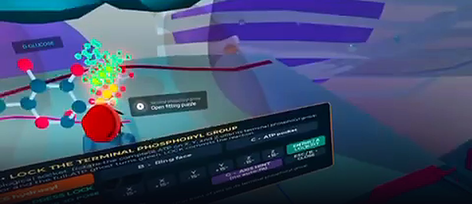In-game capture: a glucose molecule mid-reaction beside an instruction panel reading lock the terminal phosphoryl group.