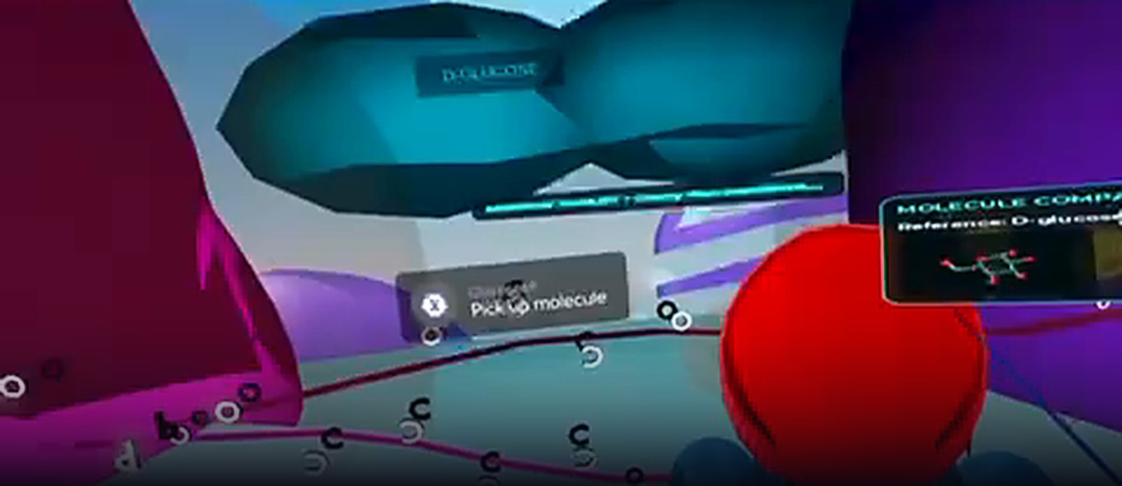 In-game capture: a PICK UP MOLECULE prompt floating in the cell interior beside a molecule comparison panel referencing D-glucose.