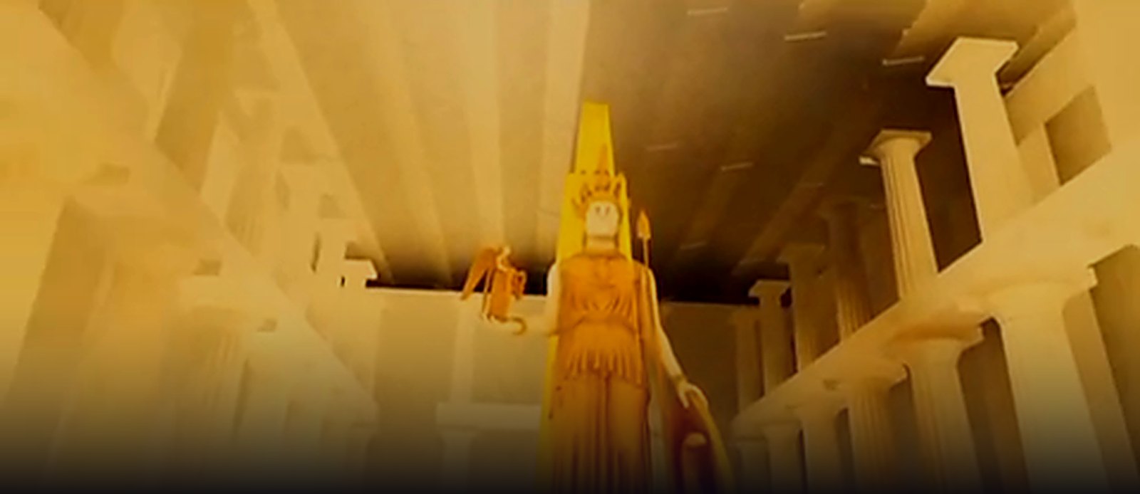 In-engine capture: the Athena Parthenos standing in gold inside the Parthenon's cella, a winged Nike held out on her open right hand, Doric columns and a coffered ceiling around her.