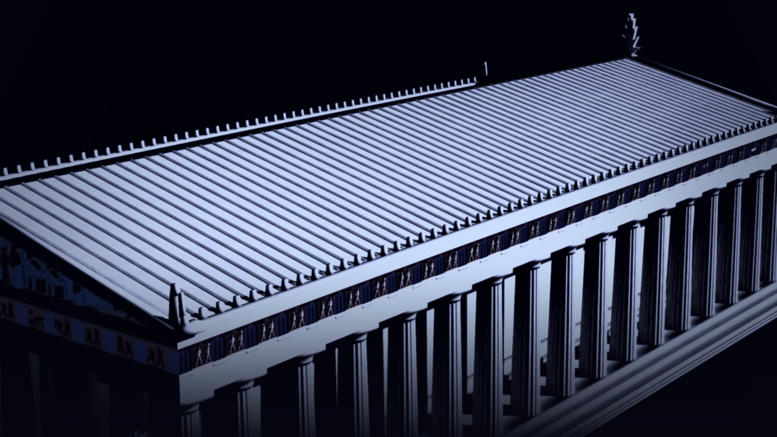 The project's model of the intact Parthenon, lit from above: the full tiled roof, the painted frieze running under the cornice, and the colonnade below it.